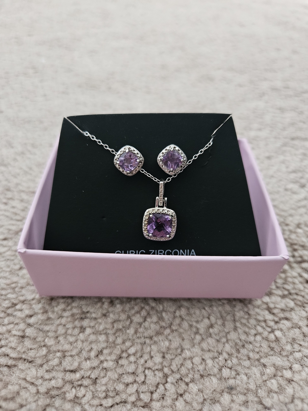 QVC Sterling Silver Purple Cubic Zirconia Necklace and Stud Earring Set